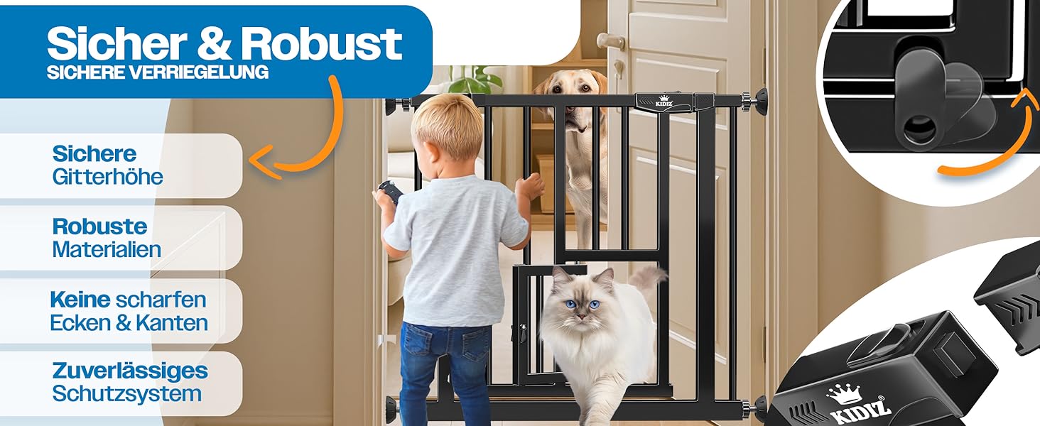 Захисне ворота KIDIZ для дітей з люком для котів, без свердління | Захист від падіння, поворотне, біле/помаранчеве, ширина 74-80 см