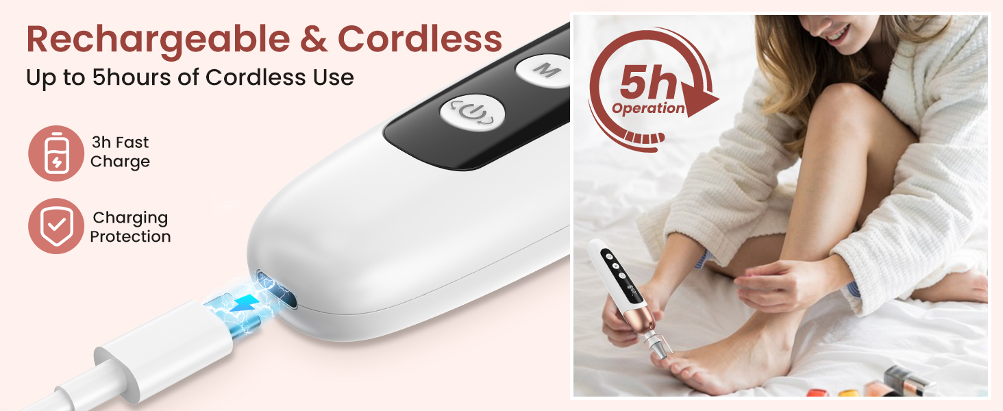 Електричний фрезер для манікюру та педикюру з 6 насадками, 10 швидкостей, LED-підсвічуванням, акумуляторний, для догляду за нігтями