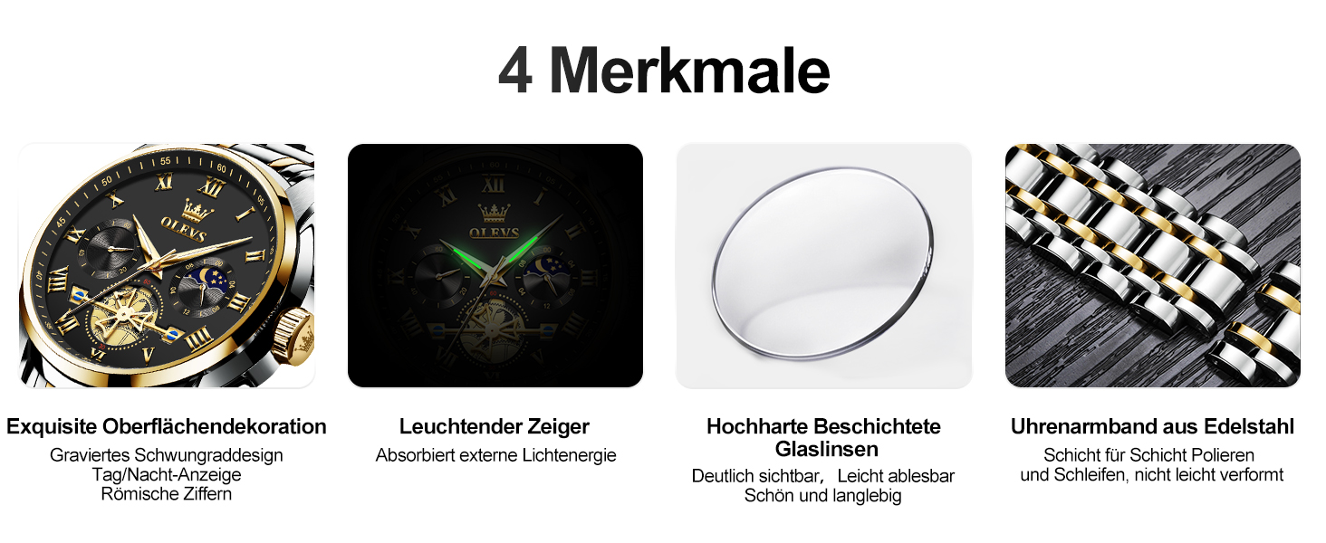 Годинник чоловічий OLEVS з металевим ремінцем, кварцовий, з місячною фазою, хронограф, водонепроникний (2859 Чорний / Двоколірний)