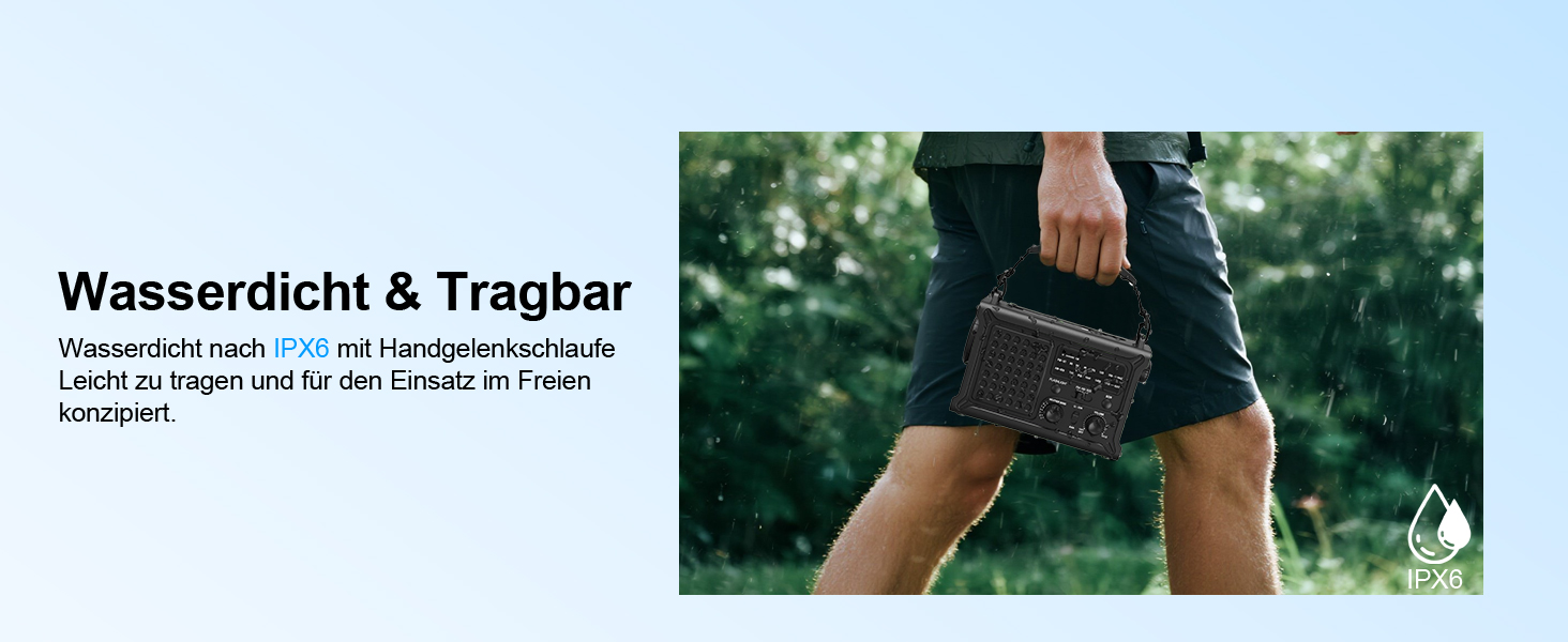 Радіо на сонячній енергії ROCAM 12000mAh з ручним генератором, AM/FM, LED ліхтарик, USB, SOS, IPX6, для кемпінгу та надзвичайних ситуацій (Чорний)