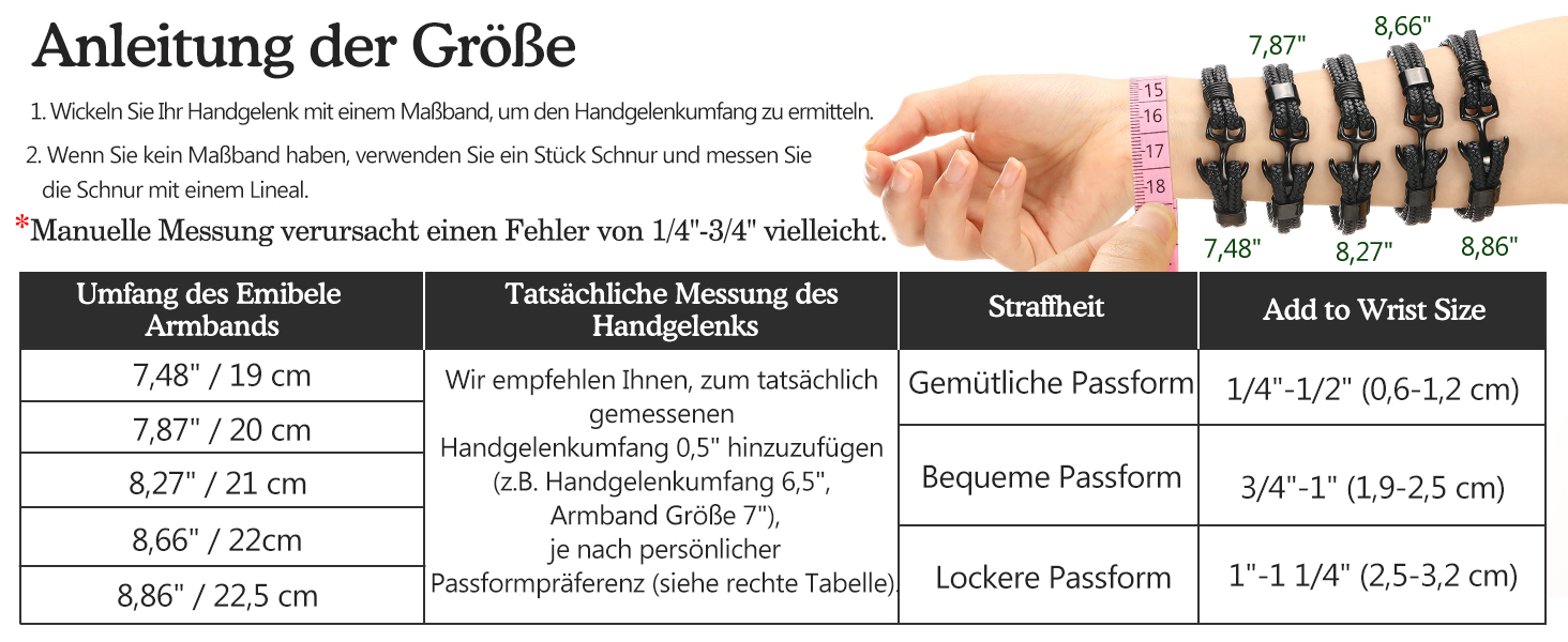 Чоловічий та жіночий браслет Emibele з ручної роботи з натуральної шкіри, шкіряний браслет-обгортка, вінтажний браслет з анкером, 3 розміри для чоловіків/жінок/пар (чорний з чорним анкером, 21 см)