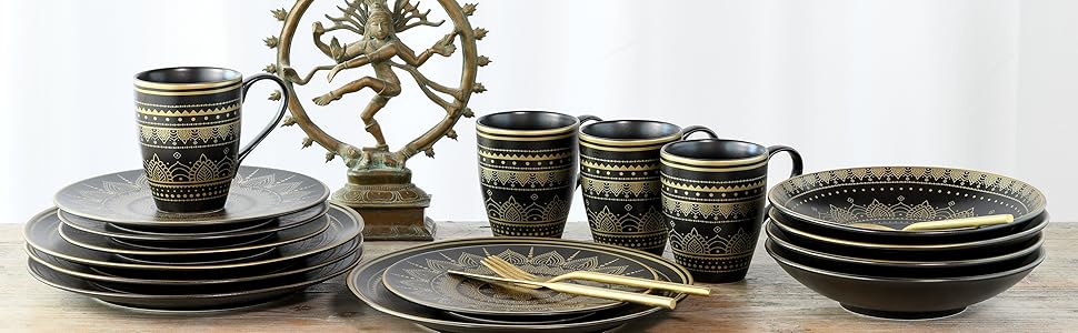 CreaTable Набір посуду MANDALA GOLD - чорний, 16 частин, кераміка, для дому, в духовку та мийку