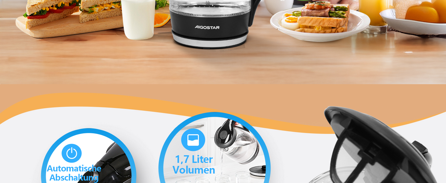 Електричний чайник Aigostar Adam 2 шт., 1.7 л, 2200 Вт, зі скляною колбою, LED-підсвічуванням, без BPA, з фільтром від накипу, чорний