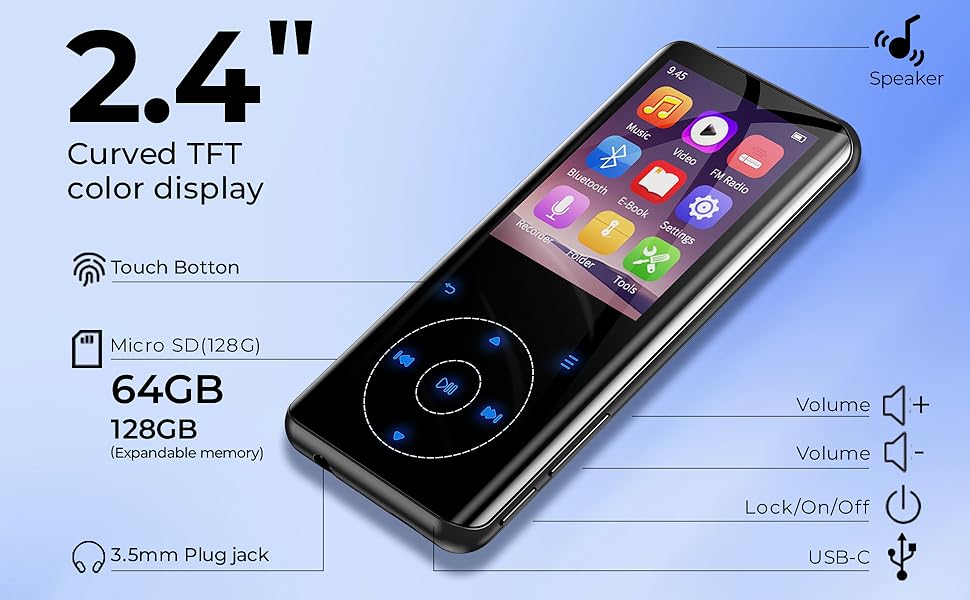 MP3 плеєр 64GB Bluetooth 5.3 HiFi без втрат, металевий корпус, вбудований динамік HD, сенсорне управління, диктофон для спорту (Чорний)