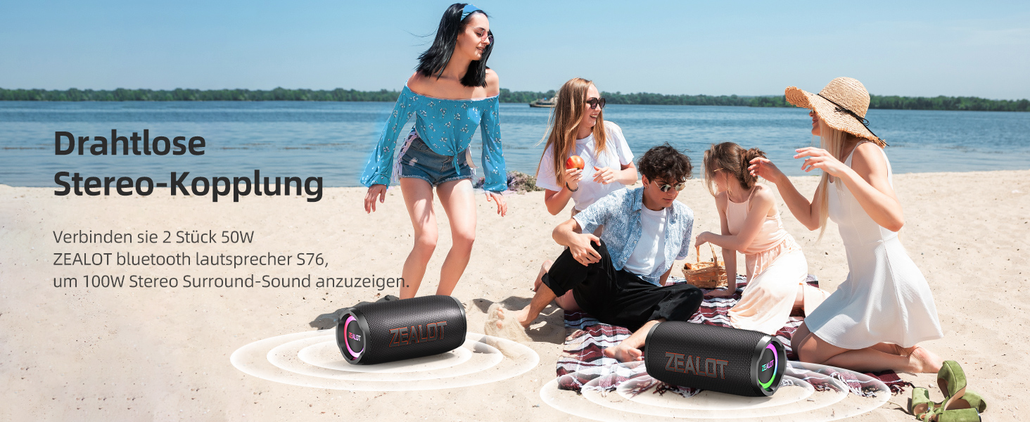 ZEALOT Bluetooth колонка 60W (70W пік) з підсвіткою, портативна, USB/Micro SD/AUX, Bluetooth 5.3, IPX6 водонепроникна, подвійне з'єднання, стереозвук для телефону, пляжу