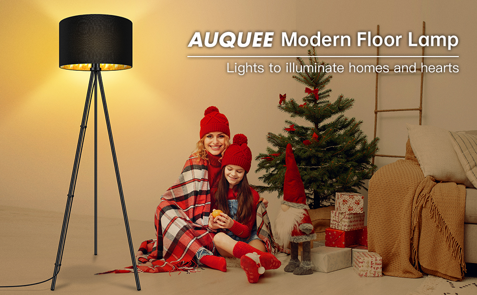 AUQUEE LED торшер для вітальні, спальні, 6W, металевий, з декоравим абажуром, вимикач на корпусі, ретро дизайн, чорно-золотий