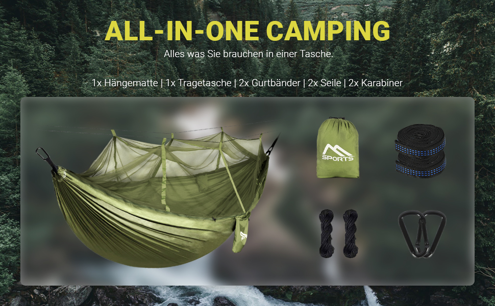 Гамак для кемпінгу MSports Premium Ultraleicht з москітною сіткою | Максимальне навантаження 250 кг, дихаючий матеріал (срібно-сірий)