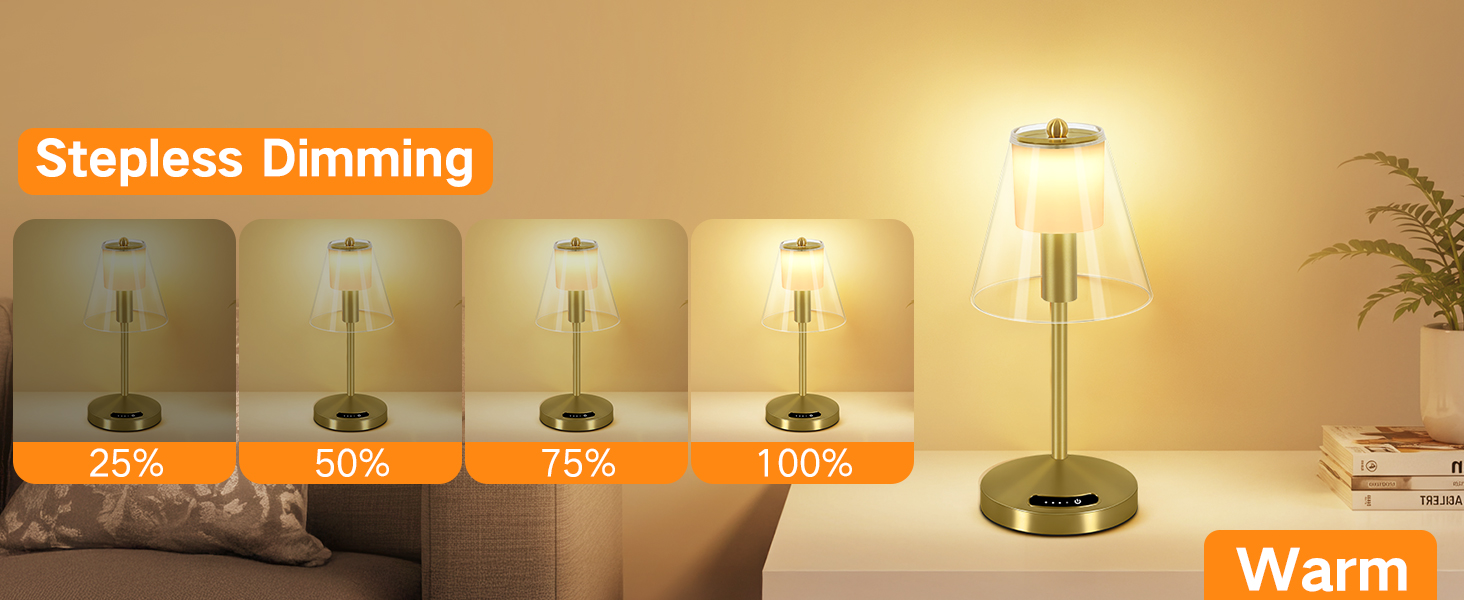 OUTON Бездротова настільна лампа Gold – LED лампа з торканням, регулювання яскравості, 3 режими кольору (3000K–6000K), акумулятор 4000mAh, USB-C, до 120 годин роботи, пам'ять, для спальні, бару та декору, золота