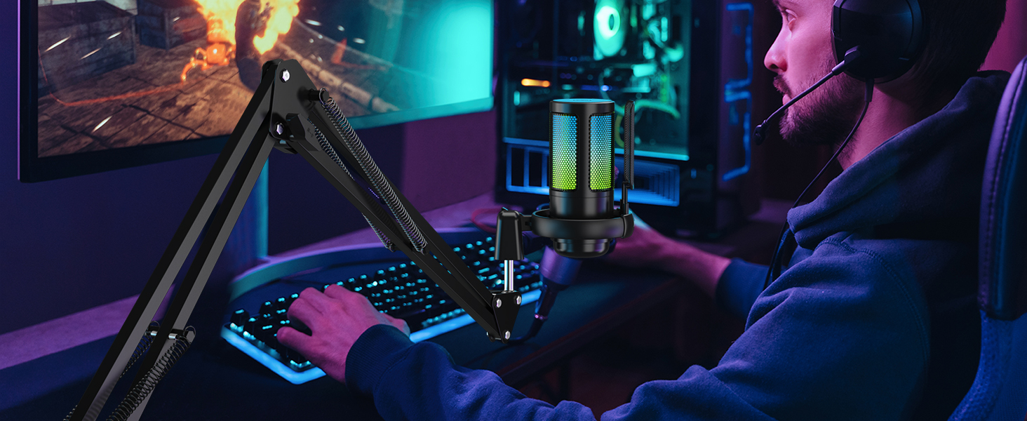 Мікрофон для комп'ютера NJSJ Gaming з тримачем, USB для PC, MAC, PS4/PS5: з кнопкою вимкнення звуку, навушниками, поп-фільтром, конденсаторний кардіоїдний для стрімінгу та подкастів (Чорний)