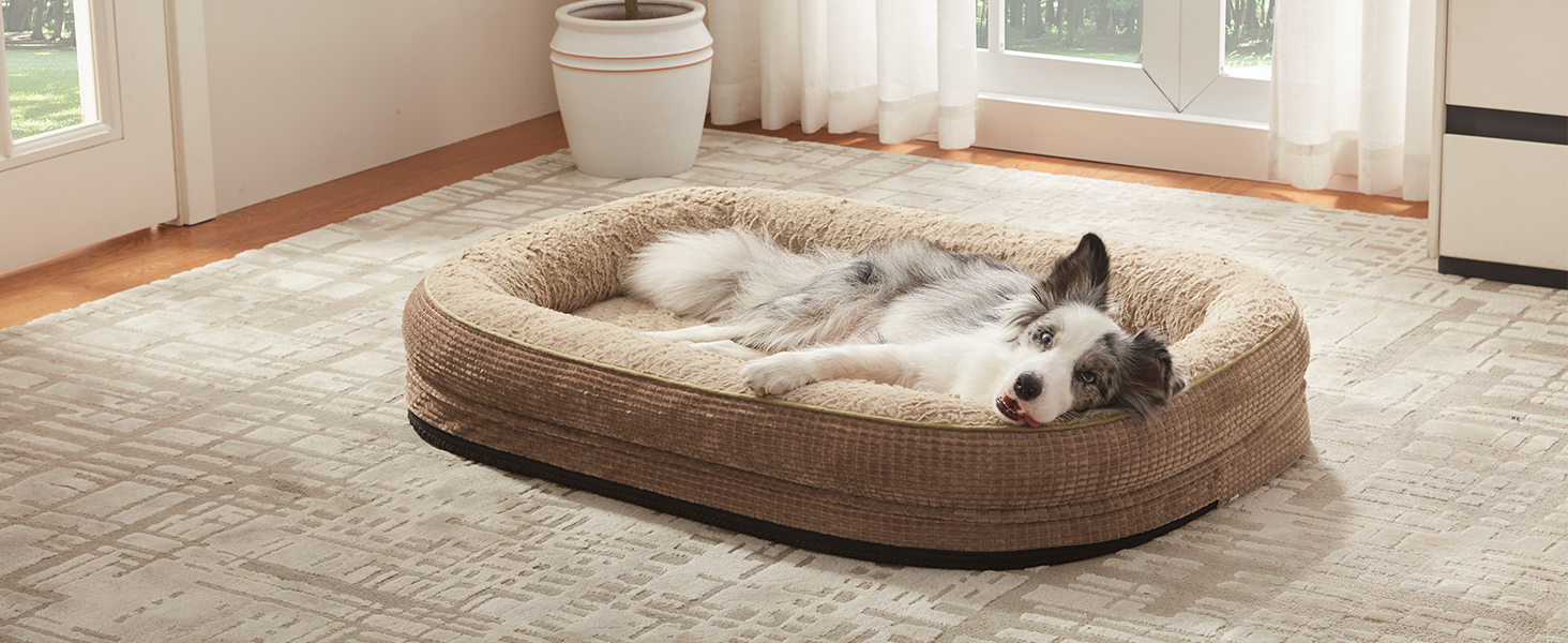 Ортопедичне ліжко для собак середнього розміру Pawk, з чотирибічною подушкою для шиї, з memory foam, водонепроникне, неслизьке, знімне та пральне, сіре, розмір L-L 89 x 63 x 18 см