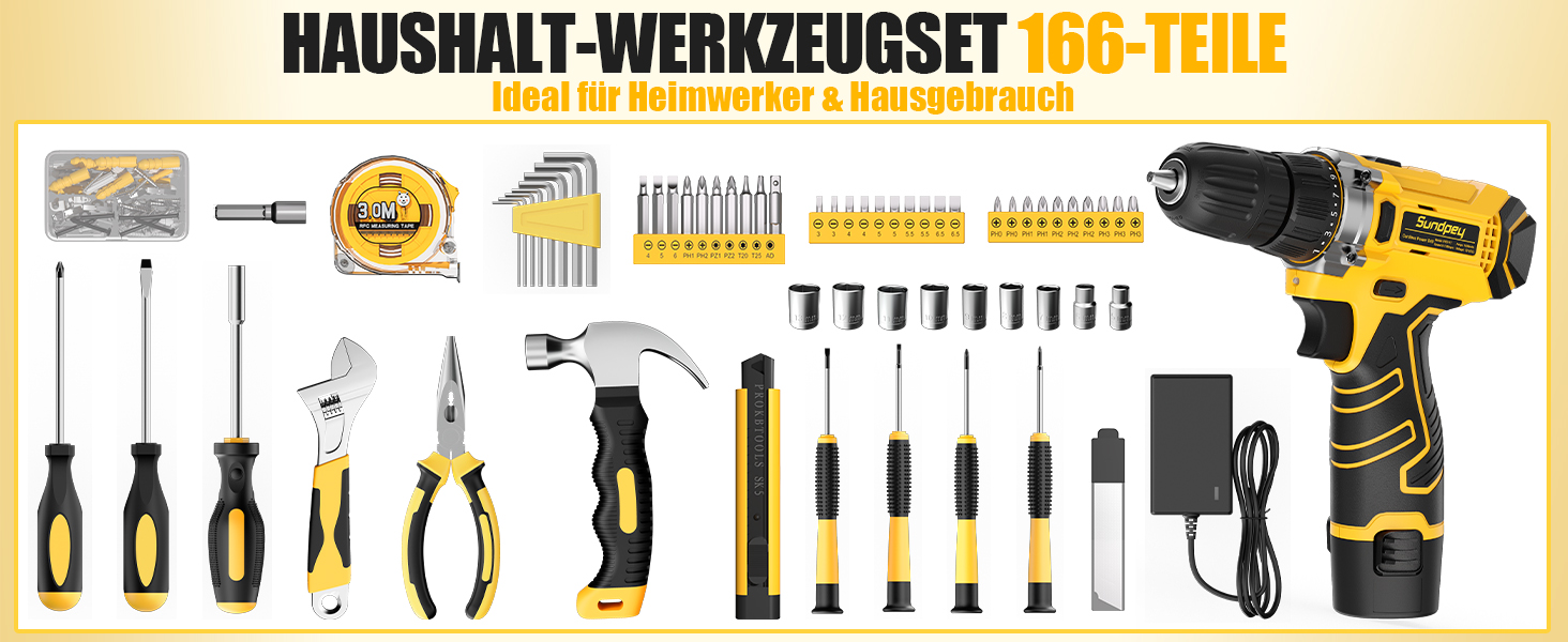 Набір інструментів Sundpey 166 шт. з акумуляторною дрилі 12V для дому, ремонту та саду (жовтий)