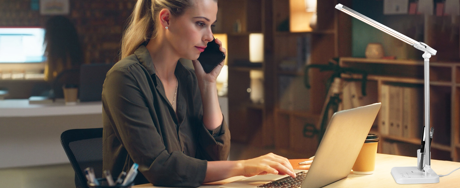 iVict LED лампа для столу з двома шарнірними руками, сенсорне керування, 5 режимів, таймер, USB-порт, пам'ять, для дітей, біла