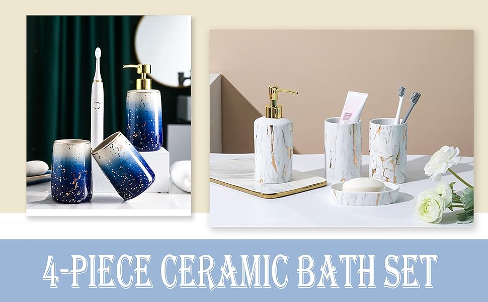 Набір аксесуарів для ванної кімнати GIBZ: мильниця, тримач для зубних щіток, дозатор мила, стаканчик. Кераміка, блакитний колір