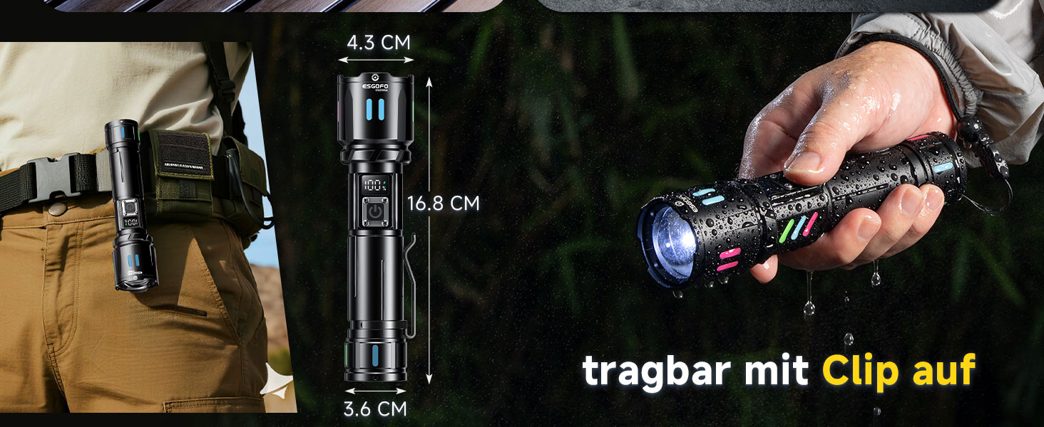 LED ліхтар Esgofo 500000 люменів, перезарядна, екстремально яскрава, 15 годин роботи, USB-C, дальність 1000м, регульований фокус та режими світла, для активного відпочинку та безпеки