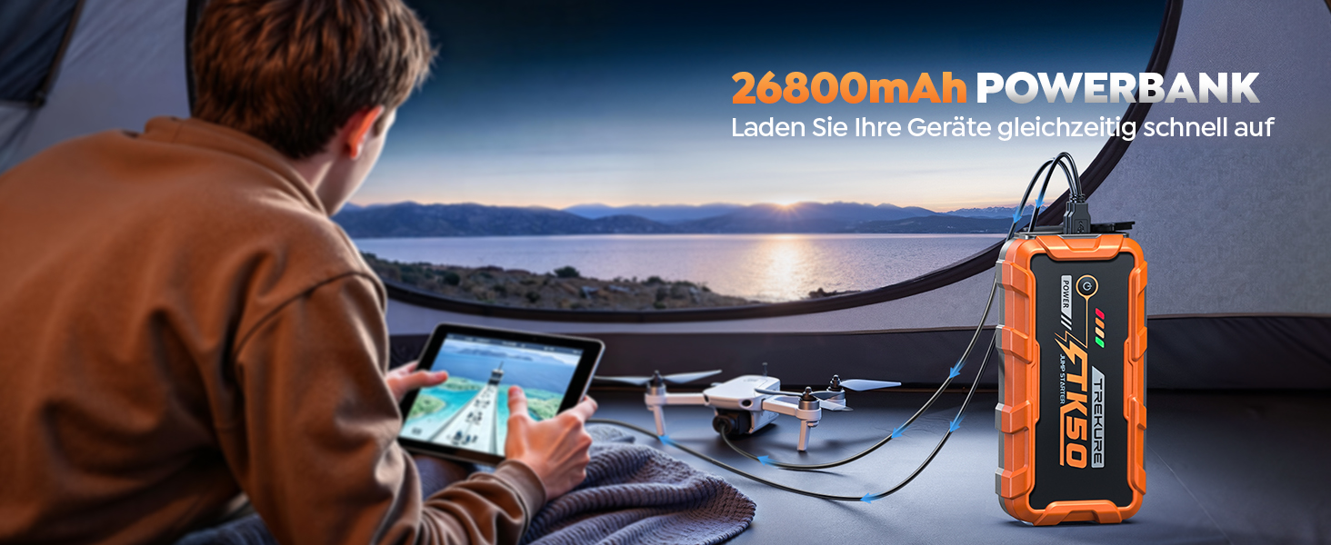 Powerbank для автомобіля 8000A Starthilfe (бензин/дизель 12.0L), 26800mAh, 12V пусковий пристрій з ліхтарем 800 люмен, 2xUSB, посилені кабелі, помаранчевий