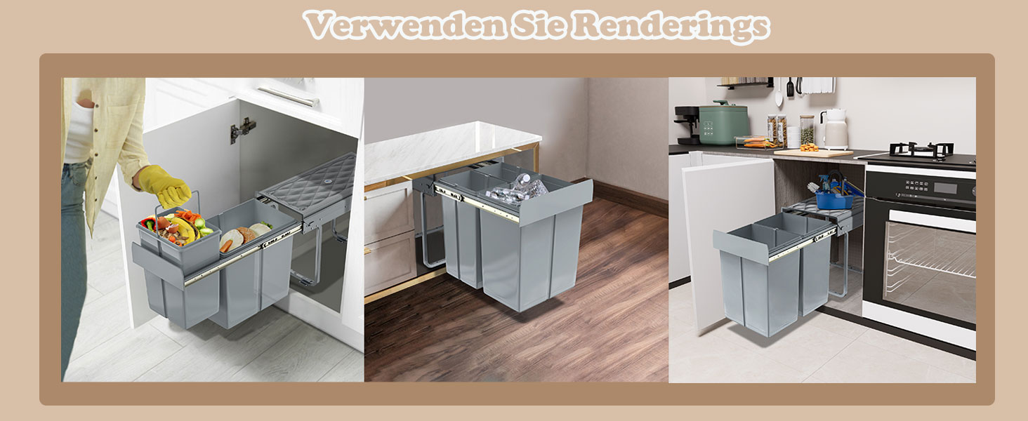 Вбудований контейнер для сміття HENGMEI з висувними ящиками для сортування, сірий (1x20L + 2x10L)