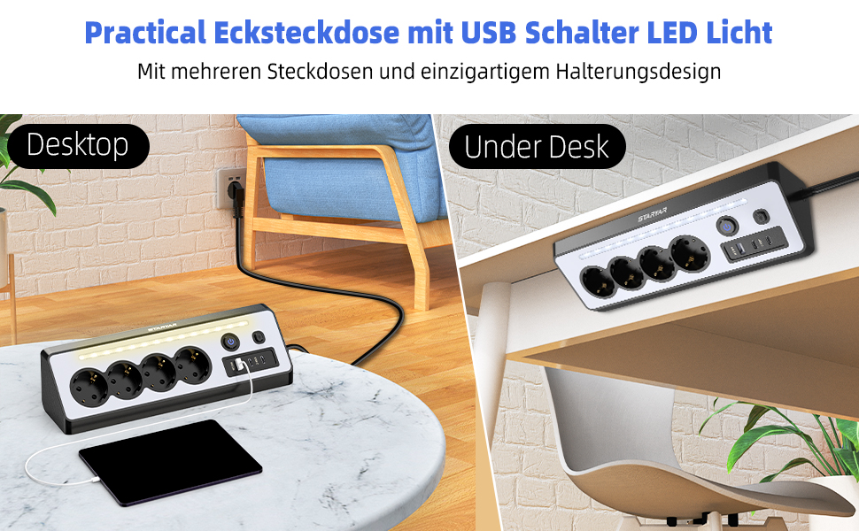 Мережевий адаптер з USB та 2 Type-C, 4 розетки, 16A, 3680W, з вимикачами, захист від перенапруги, LED, для кухні/офісу, білий/чорний