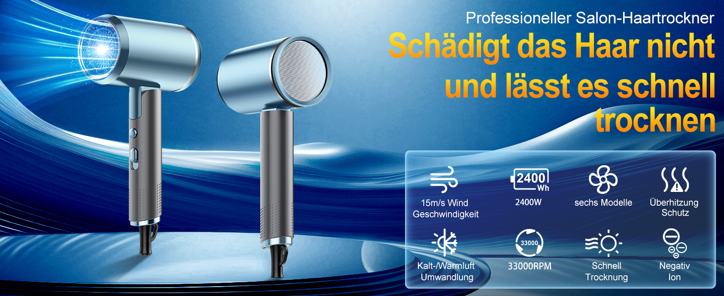 Фен 2400W складний іонний, професійний туристичний, з гарячою/холодною кнопкою, 3 режими нагріву, AC мотор, з насадкою-дифузором та сумкою для зберігання (сіро-блакитний)