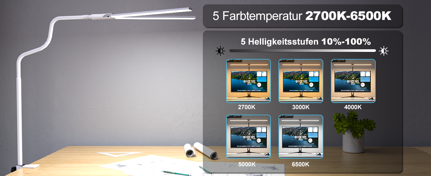 LED лампа настільна для офісу та дому, світло для монітора, 1400 люмен, регульована яскравість, кріплення-прищіпка, світло для робочого місця, гнусий шийка, подвійний насадка, 5 режимів кольору та рівнів яскравості, білий колір, 64 см
