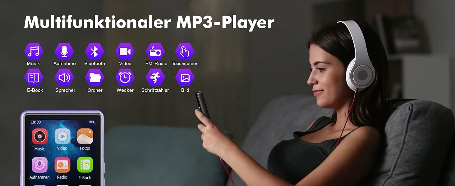 MP3 плеєр дитячий 64GB Bluetooth 5.3 з радіо, радіоприймач, MP4 плеєр, дитячий музичний плеєр з touch screen, розширюється до 128GB, фіолетовий