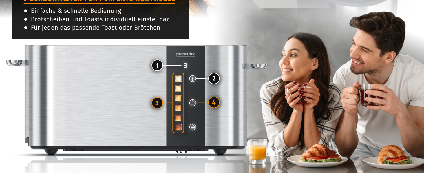 Тостер Arendo з нержавіючої сталі, 4 слоти, сенсорний екран, подвійні стінки, 1500 Вт, підставка для булочок, 6 ступенів підсмажування, центрування хліба, таймер, пам'ять, колір: сталевий