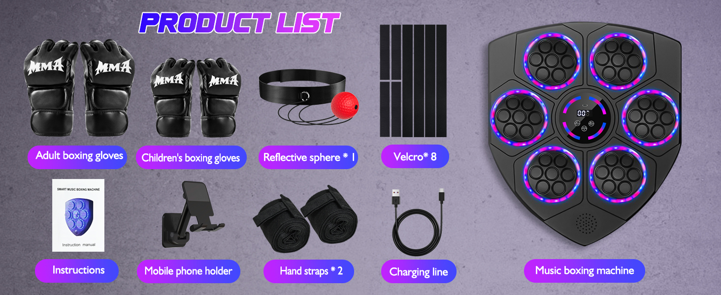 Музична боксерська машина Joellfuner з LED-підсвічуванням, 9 швидкостей, 5 рівнів гучності, режим підрахунку ударів, настінна ціль для тренувань у домашньому фітнес-залі