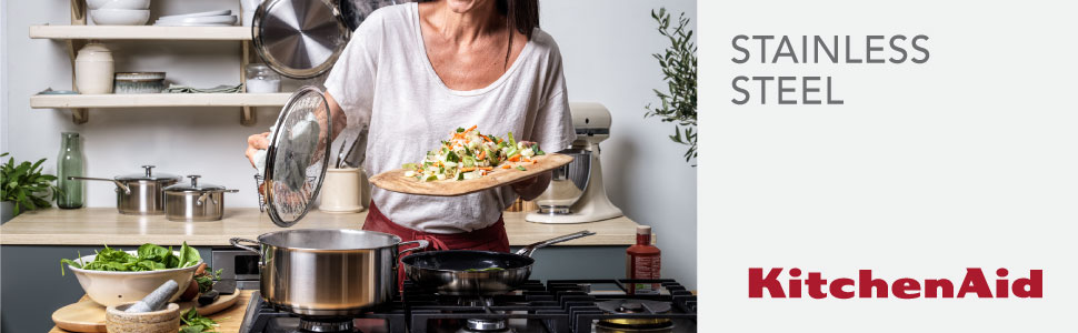 Набір сковорідок KitchenAid з нержавіючої сталі 20 см і 28 см, 3-шарове антипригарне покриття, для індукції, для духовки, посудомийної машини, з холодною ручкою, сріблястий