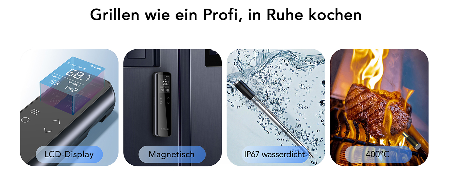 Бездротовий термометр для м'яса з Wi-Fi, LCD-базою та Bluetooth, ±0,5°C, BF-70