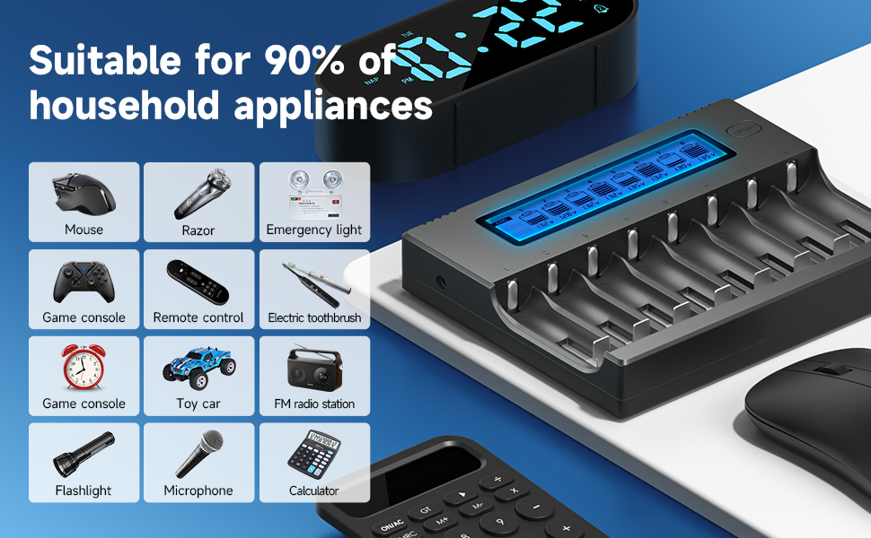 Інтелектуальна зарядка для акумуляторів 18650 з LCD-дисплеєм - 8 слотів, універсальна, з функцією розряду, для 18650, 26650, 16340, 21700, 14500, 17500, CR123A, AA/AAA