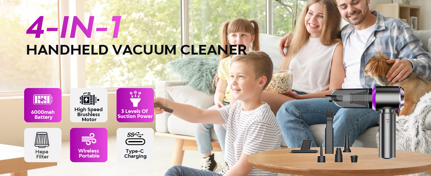 Бездротовий портативний пилосос Kedifoai: акумуляторний, 20000 Па, 4-в-1 для авто, дому, офісу та видалення шерсті тварин