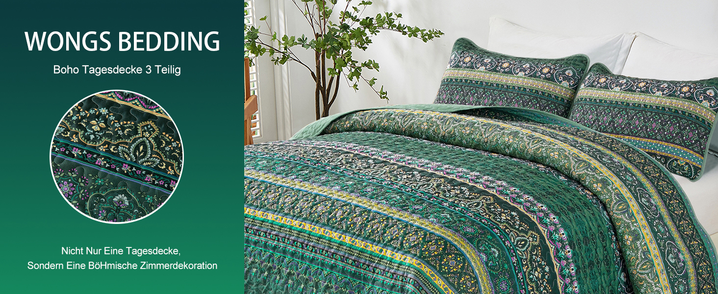 Покривало WONGS BEDDING 220x240 см, стьобане, комплект 3 шт. для двоспального ліжка, мікрофібра, у стилі бохо, темно-зелене, з 2 наволочками 50x70 см, для спальні чи дивану