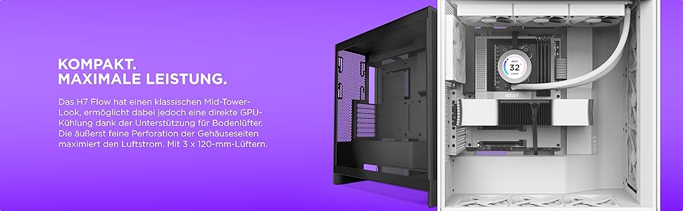 Корпус NZXT H7 Flow: Mid-Tower з покращеною вентиляцією | Чорний | Підтримка 3 x 120мм вентиляторів для GPU | 3 x 120мм фронтальні вентилятори | 420мм радіатор