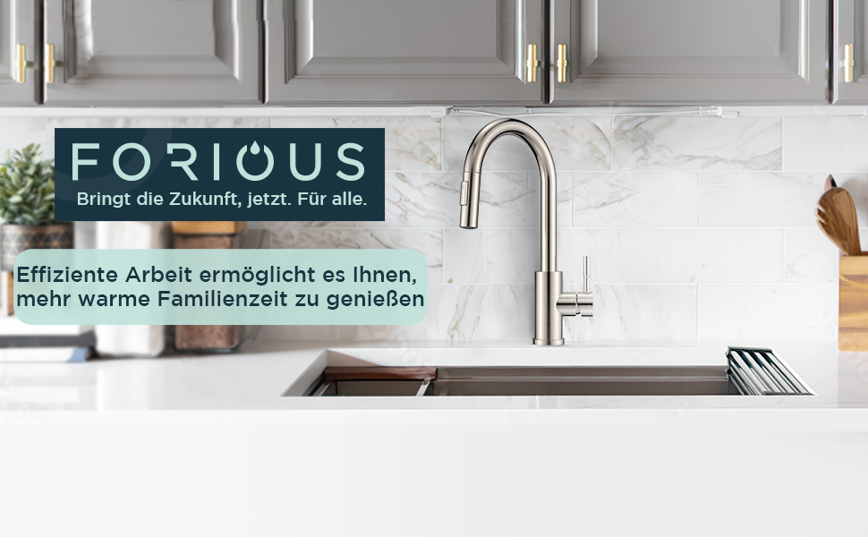 Змішувач кухонний FORIOUS чорного кольору з висувною лійкою, поворотний на 360°, нержавіюча сталь