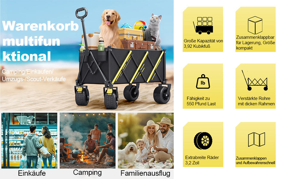 Складаний візок, переносний візок для тварин, з великими пляжними колесами для бездоріжжя та тримачем для напоїв для спорту, покупок, кемпінгу