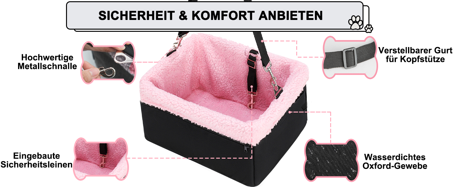 Автокрісло для собак UNICITII: безпечне та зручне місце для маленьких собак (до 20 кг), чорно-рожеве
