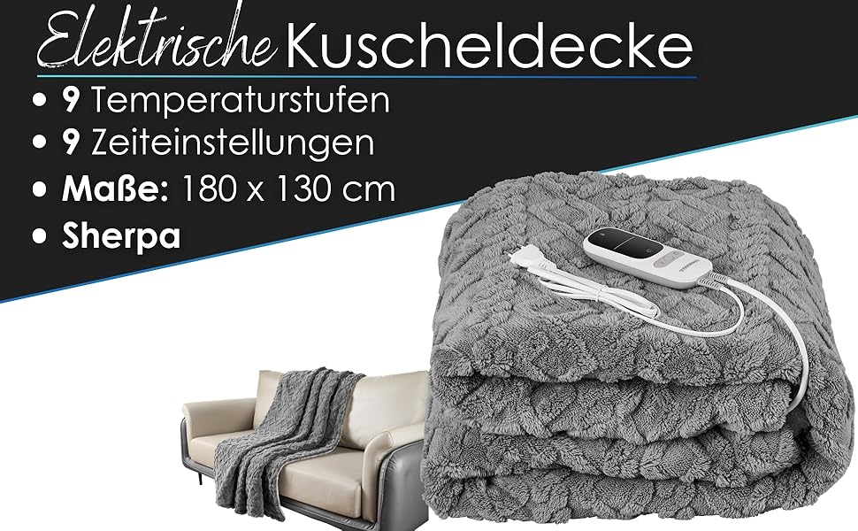 Електрична гріюча ковдра з автовимкненням Kuschelheizdecke 180x130cm, 9 рівнів нагріву, 40°C, пральна