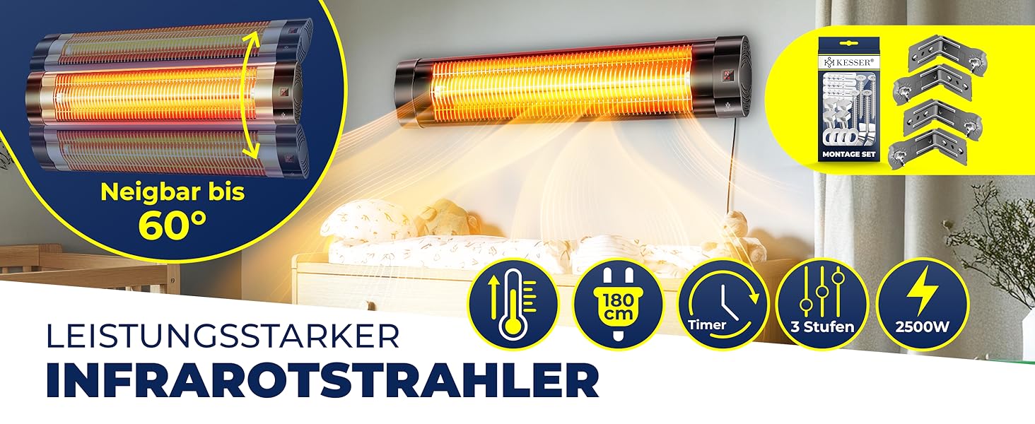 Інфрачервовий обігрівач KESSER® 2500W з пультом керування, 3 режими, миттєвий нагрів, кріплення на стіну, для тераси, кварцовий, з захисним чохлом, таймер, антрацит