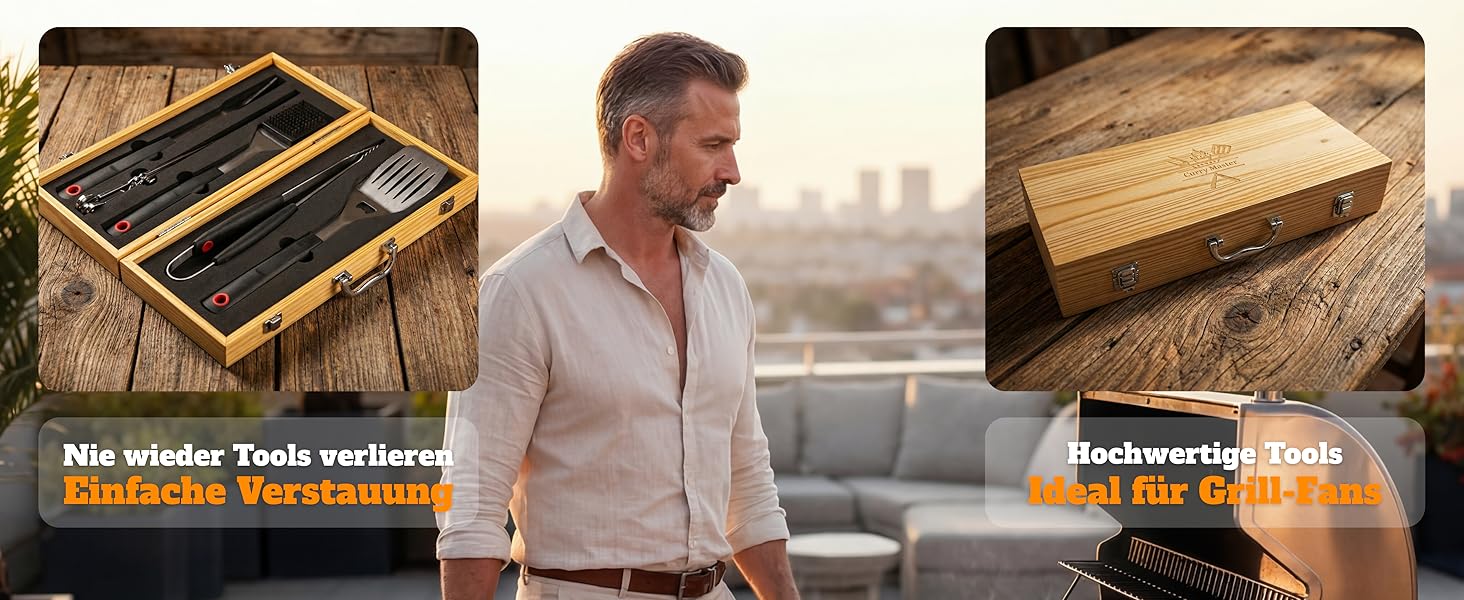 Набір для гриля для чоловіків - подарунок. Набір інструментів для гриля з нержавіючої сталі 3-в-1: шпатель, щітка для чищення. Ідеальний подарунок для гриля, подарунки для чоловіків (без гриль-кейсу). З дерев'яним кейсом