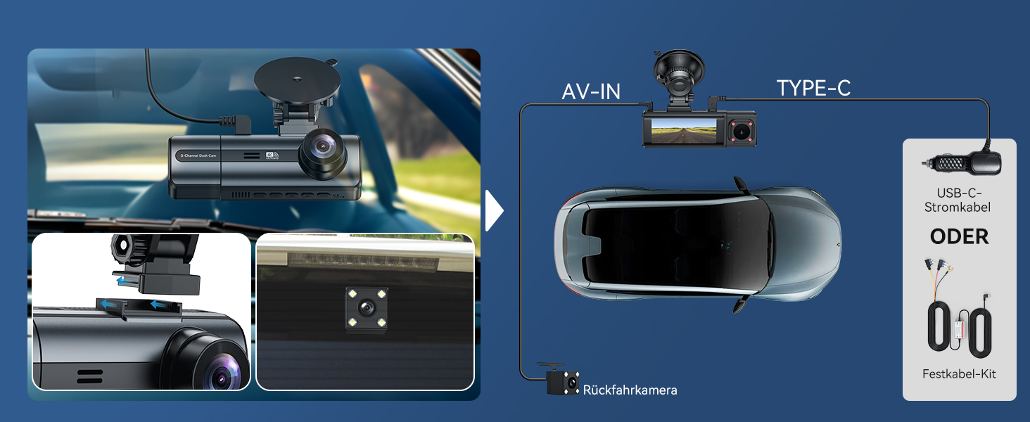 Відеореєстратор 4K Auto Передній та Задній з Хардвайр Кітом, WiFi, Паркувальний Моніторинг, 64GB SD Карта, 3-Канальна Автокамера з Нічним Баченням, 170° Широкий Кут, WDR, G-Сенсор, Циклічна Запис, Керування через APP