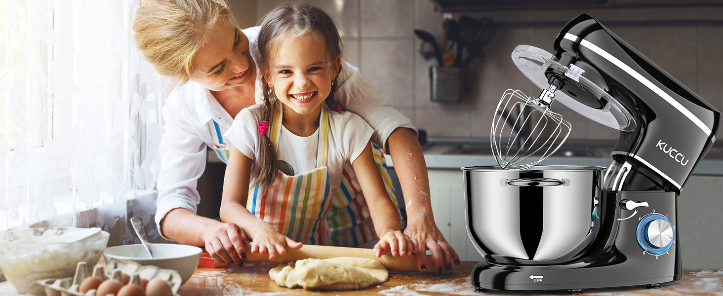 Кухонний комбайн-міксер 1500W з чашею з нержавіючої сталі 7Л, планетарний міксер для тіста з 6 швидкостями та набором насадок (гак, вінчик, міксер), чорний