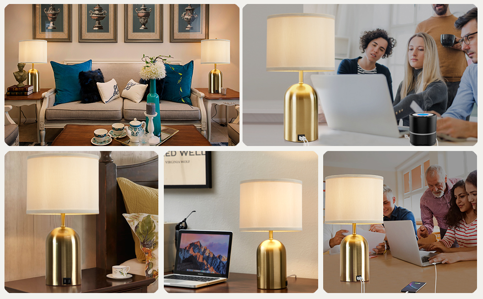 Настільна лампа GyroVu з USB-портом, сенсорним керуванням, 3 рівнями регулювання яскравості, тканинним абажуром та золотим підставою для спальні, вітальні та домашнього офісу