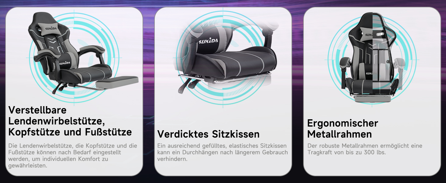 Ігрове крісло SUKIDA Ergonomic Gaming Chair з підставкою для ніг та підтримкою попереку, чорно-сіре