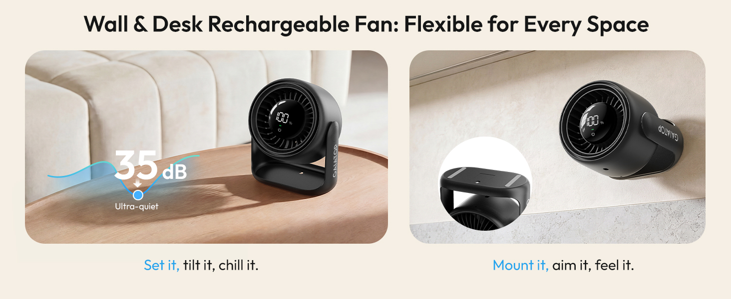 Настільний вентилятор Gaiatop з сенсорним керуванням, акумулятор 4000 мАг, 5 швидкостей, тихий міні-вентилятор з LED-дисплеєм, кут нахилу 90°, заряджається через USB-C, для офісу, спальні, дому, чорний