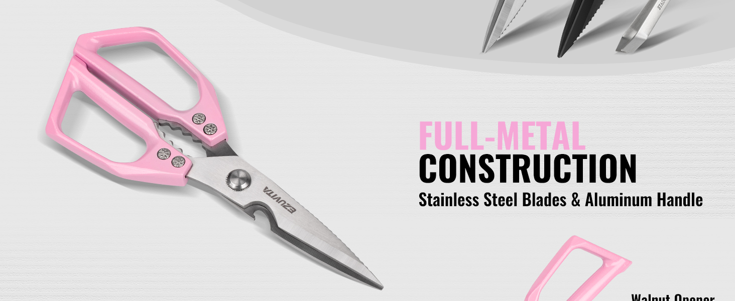 Кухонні ножиці 5-в-1 з пінцетом, титанове покриття, нержавіюча сталь, для кухні, птиці, риби, м'яса (чорний & рожевий)