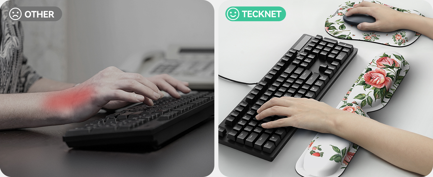 Підставка для зап'ястя TECKNET для клавіатури, 43 см, з піною пам'яті 70D, ергономічна, проти болю в зап'ясті, для ПК, ноутбука, геймінгу (складний набір, рожевий)