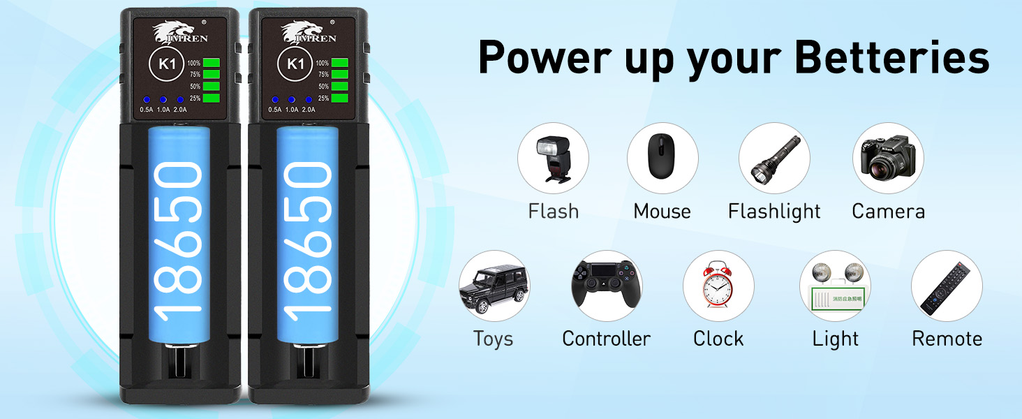 Зарядний пристрій IMREN 18650 з 4 слотами, 2A, USB-C, для акумуляторів 3.7V Li-Ion 18350 14500 14650 17500 18700 20700 21700 22650 26650 1.2V NI-MH/NI-Cd AA AAA C