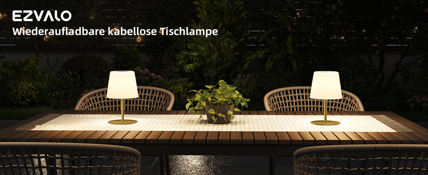 Настільна LED лампа EZVALO бездротова, 2 шт., IP65, 4500mAh, USB-C, диммер сенсорний, 3 режими світла, золота. Лампа для кемпінгу, спальні та столу.