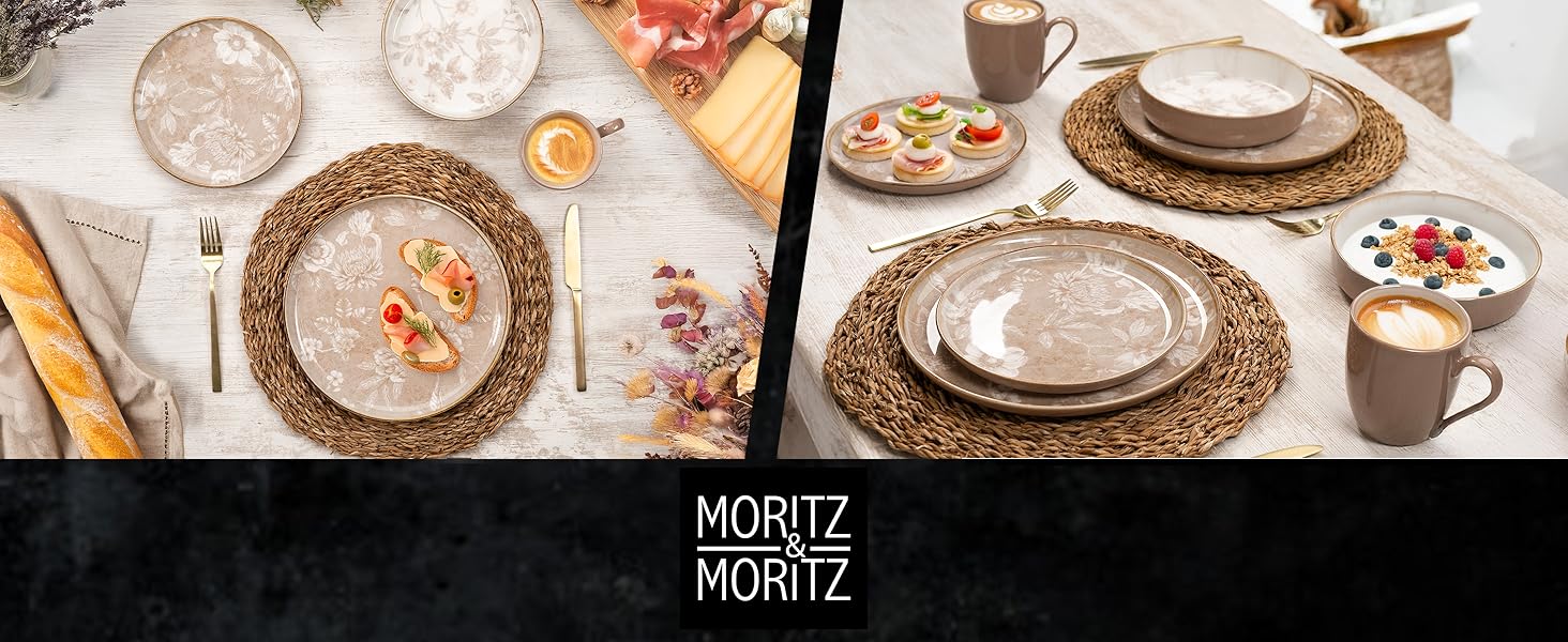 Набір посуду Moritz & Moritz MARIELLA Steingut 12 осіб, 48 предметів - Сучасний сервіз у бежевому кольорі з ігровим дизайном, легкий у догляді, з тарілками, чашками та салатниками - Комбінований сервіз