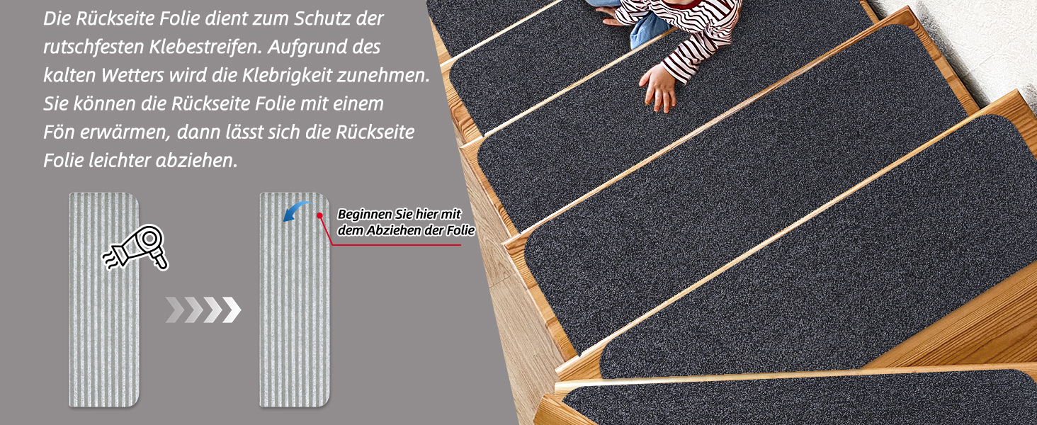 Килимок для сходів COSY HOMEER, 15 шт., 70x22 см, самоклеючий, машинне прання, 100% поліестер, TPE-підкладка, безпечний для дітей та домашніх тварин