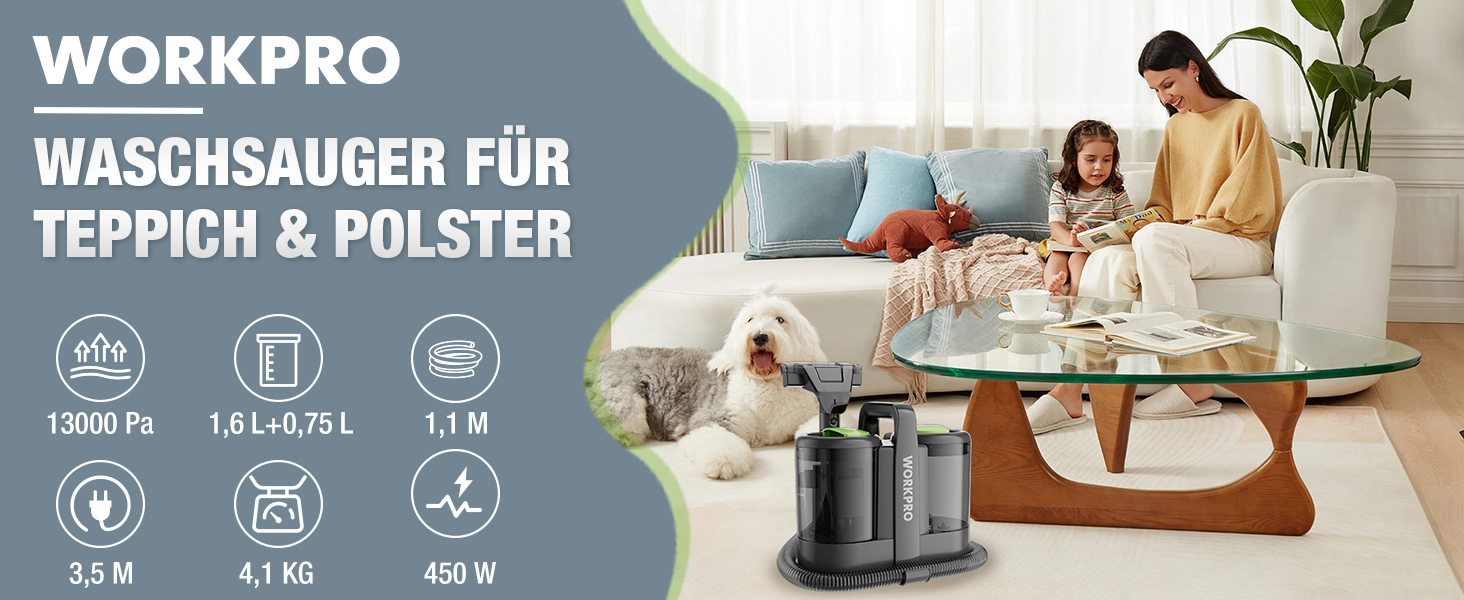 WORKPRO Мийний пилосос 450W 13kPa, 1.6L з миючим засобом та 2 насадками, для чищення килимів, меблів та авто
